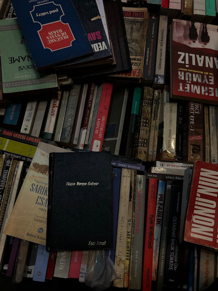 A collection of books arranged in stacks creates a cozy, literary atmosphere in a bookstore.